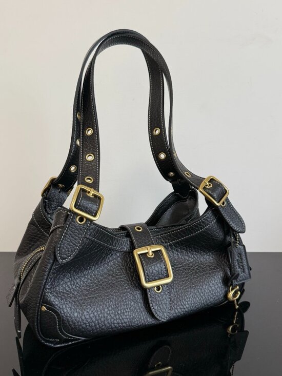 Coach Handbags - Women's Leather Hobo Shoulder Bag, Vintage Gold Buckle Handbag - Black